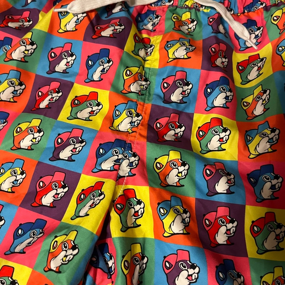 NEW Buc-ees L Multicolor‎ Logo Beaver Swim Trunk Rainbow Square (Fit Medium) - Picture 2 of 4